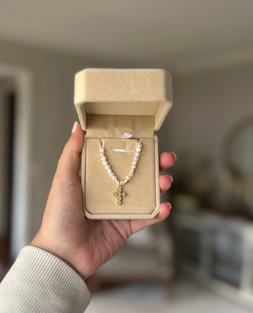 Gold Filled Flower Cross on Pearls