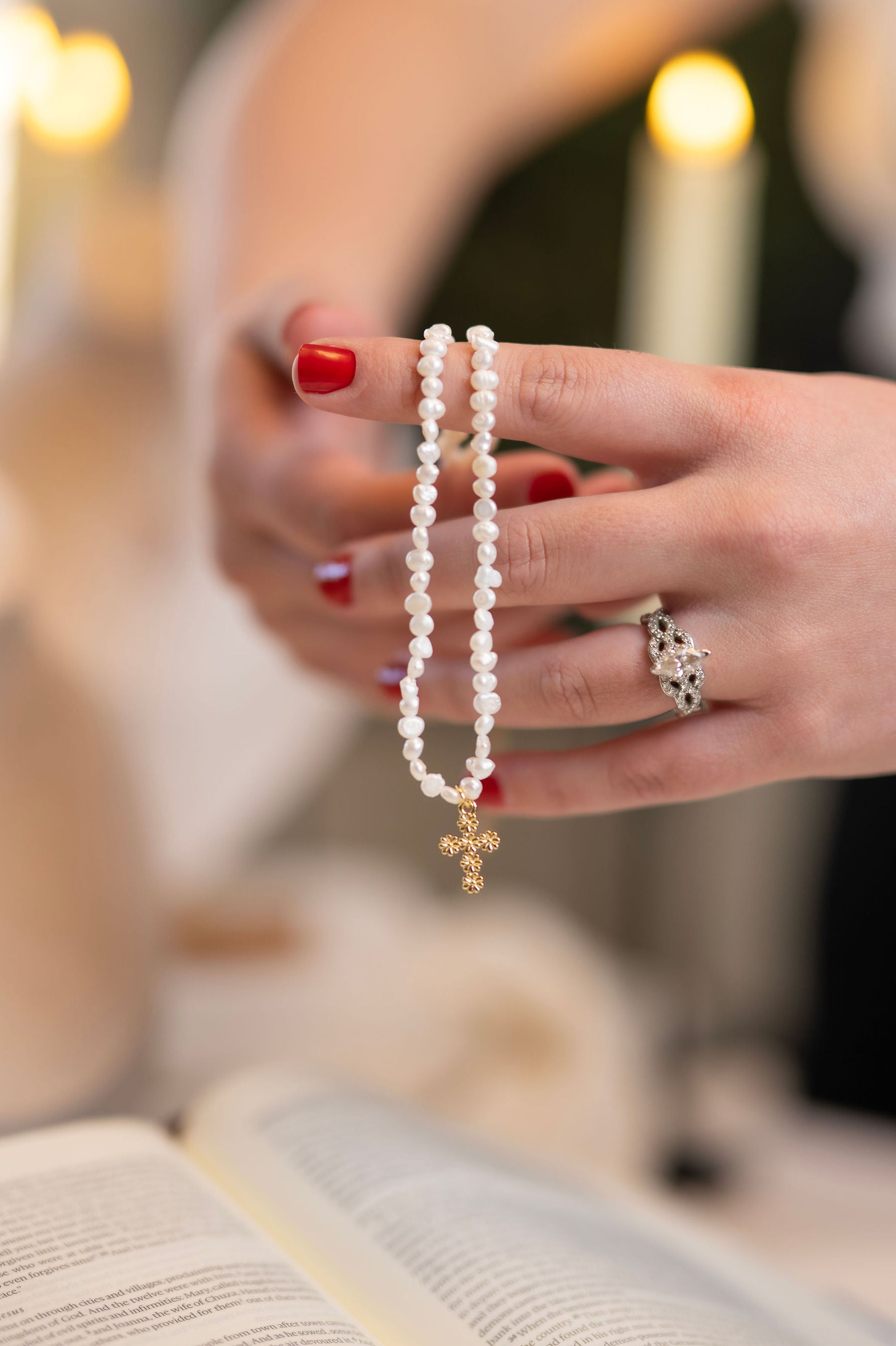 Gold Filled Flower Cross on Pearls