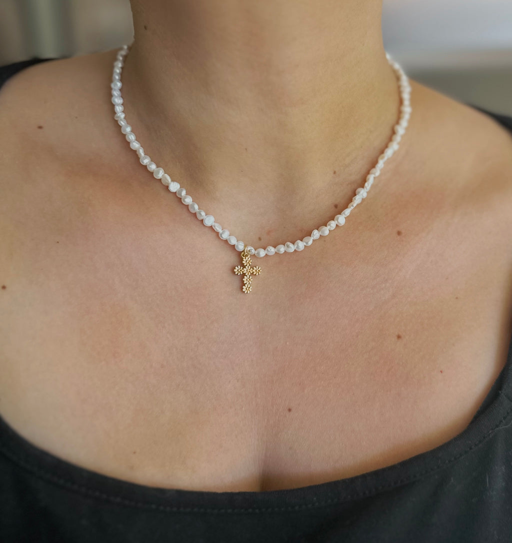 Gold Filled Flower Cross on Pearls