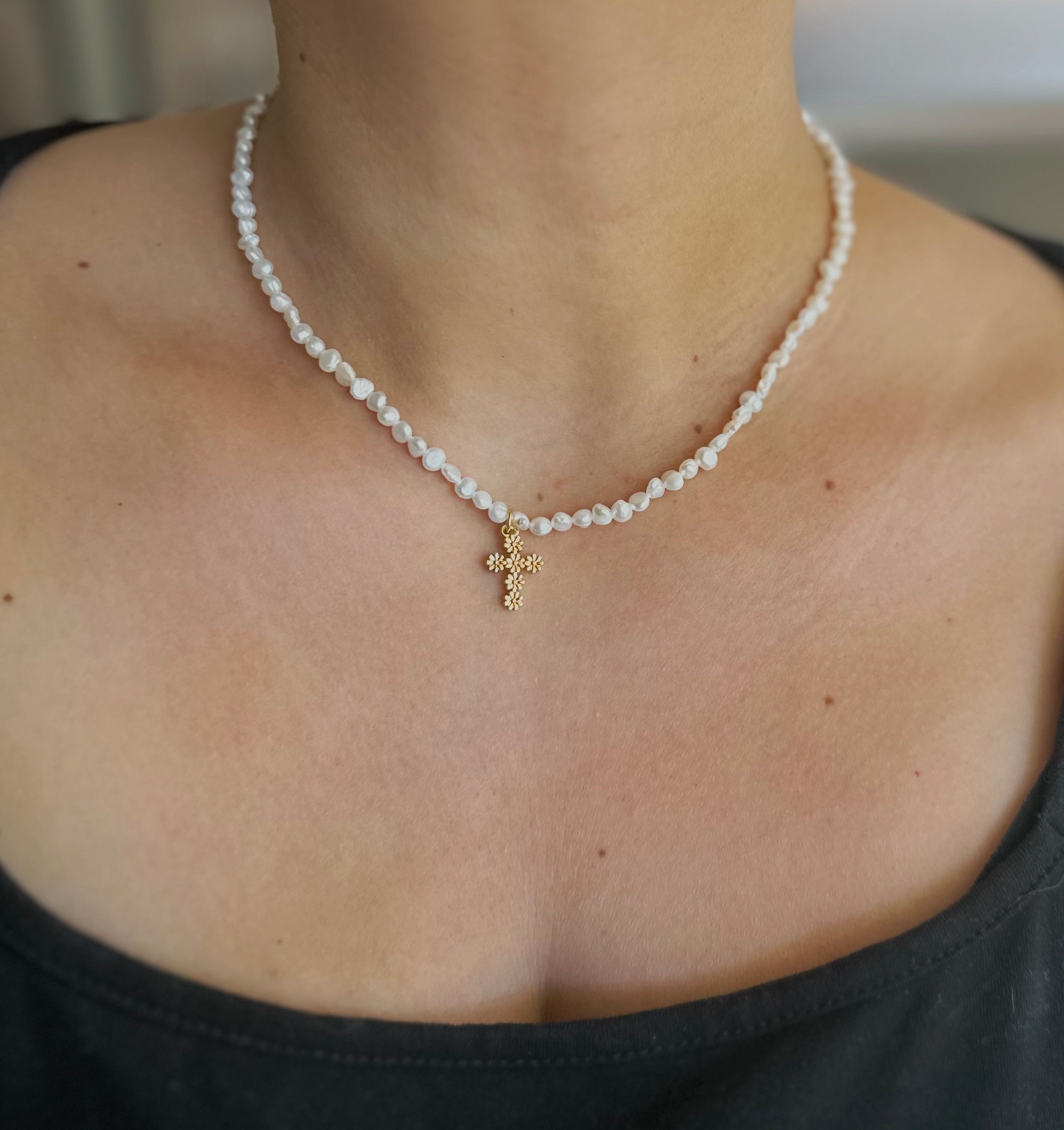 Gold Filled Flower Cross on Pearls